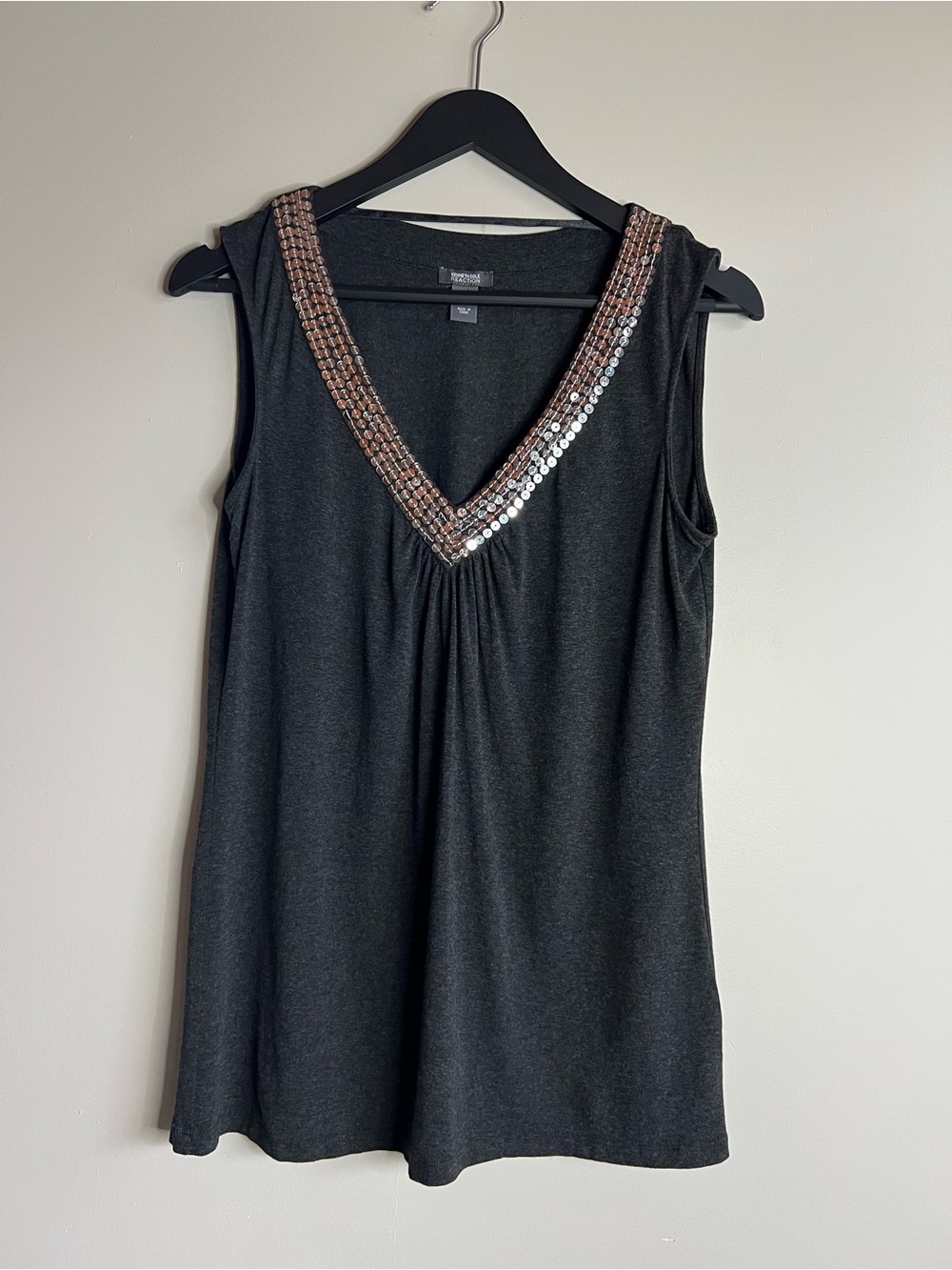 Kenneth Cole Reaction Black Sequin Beaded V Neck Tank Top Medium Evening Party